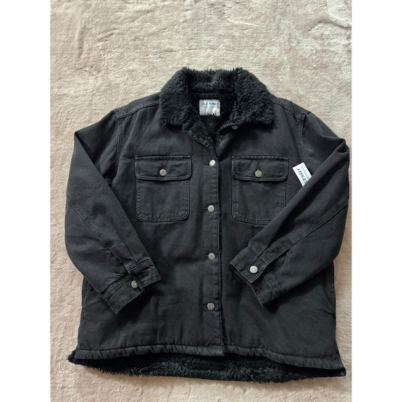 Old Navy Women's Black Denim Jacket Sherpa Lined Classic Chore Coat Size Large - Picture 1 of 8